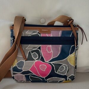 Fossil Navy Floral Crossbody Bag with Pink and Yellow Accents
